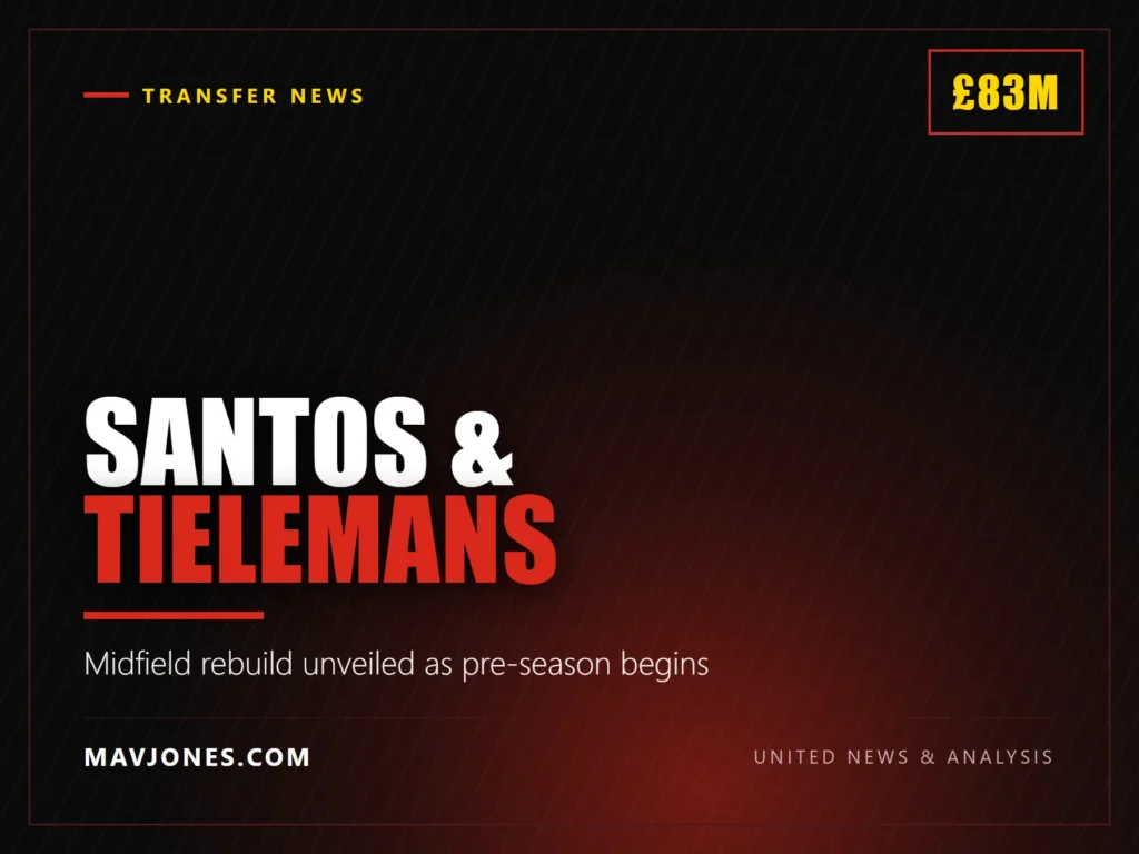Manchester United graphic reading Santos and Tielemans, midfield rebuild unveiled as pre-season begins, 83 million pounds