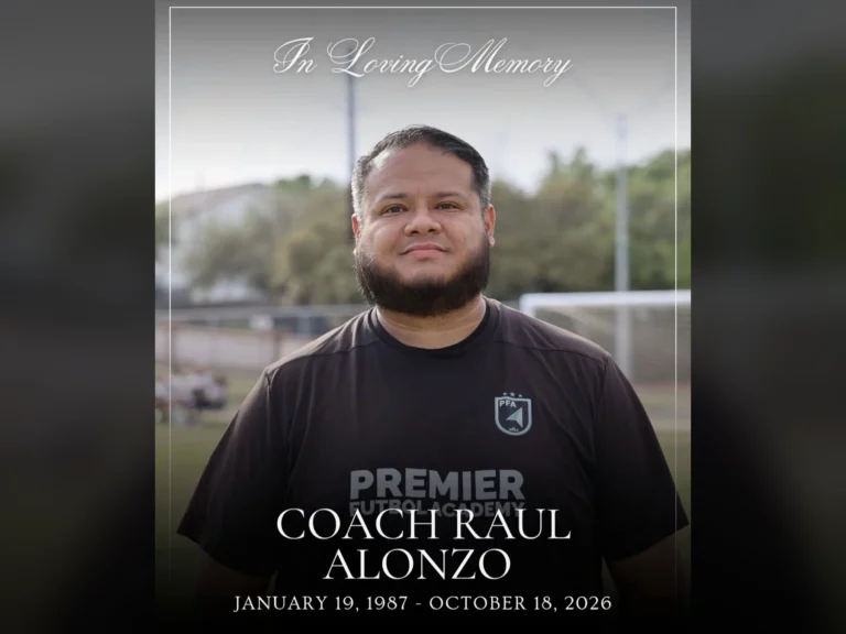 In Loving Memory card for Coach Raul Alonzo, smiling in a black Premier Futbol Academy shirt on a soccer field, with his name and the dates January 19, 1987 to October 18, 2026.